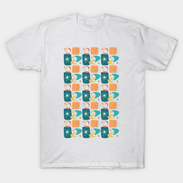 Atomic Age Mid-Century Pattern in Teal, Yellow and Orange T-Shirt by tramasdesign